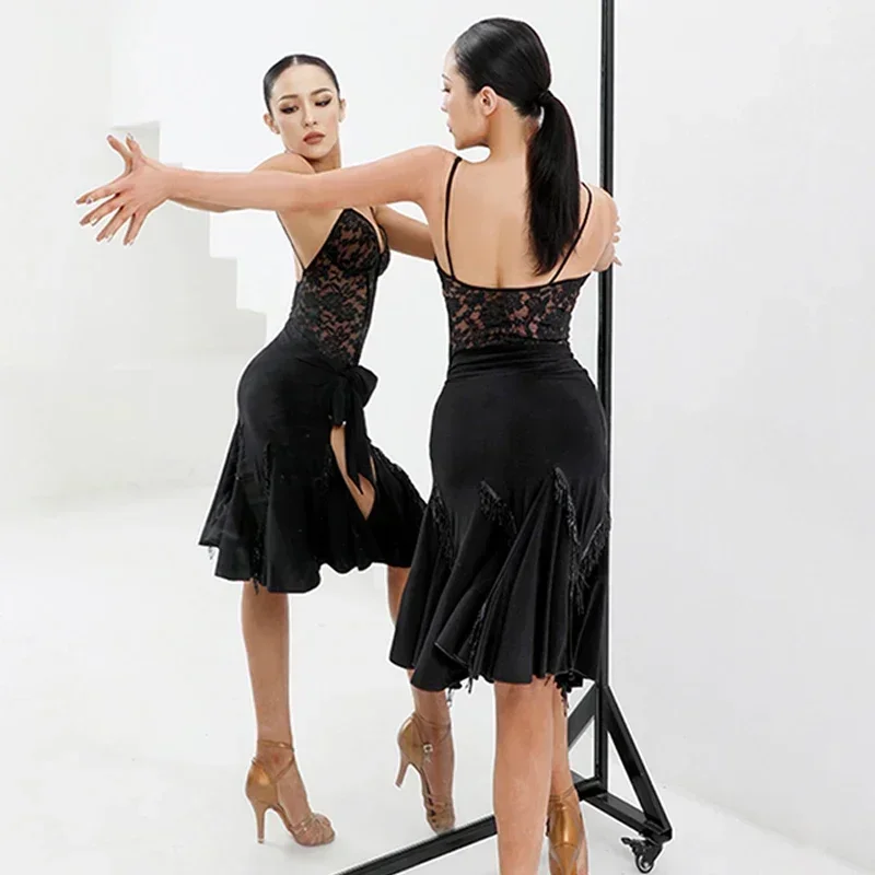 Traje de baile latino para mujer, falda con flecos, vestido de encaje negro con cintura vendaje, ropa de práctica para adultos, ropa de actuación de Samba DNV14849