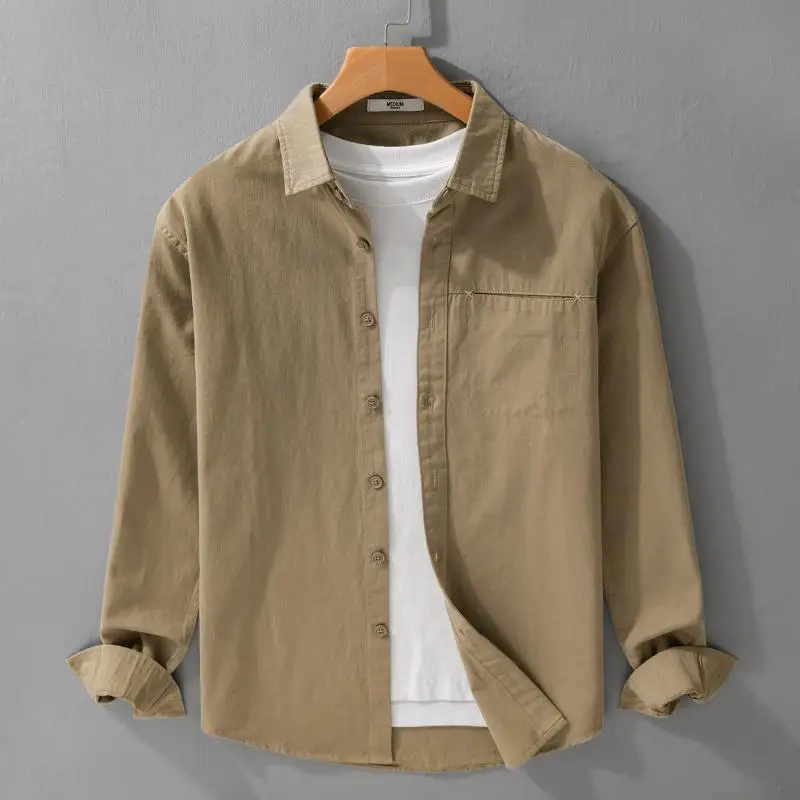 Moda juventude masculina longo sweed irts workwear solto ajuste algodão ket detalhe casual longo sve botão até cor pura