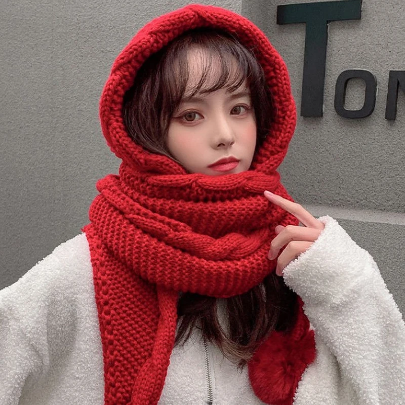 Women\'s Korean Hooded Scarf Winter Hats Woman Cold Protection Warm Scarf Hat Cute Fur Ball Ear Protection Thickened Knitted Hat