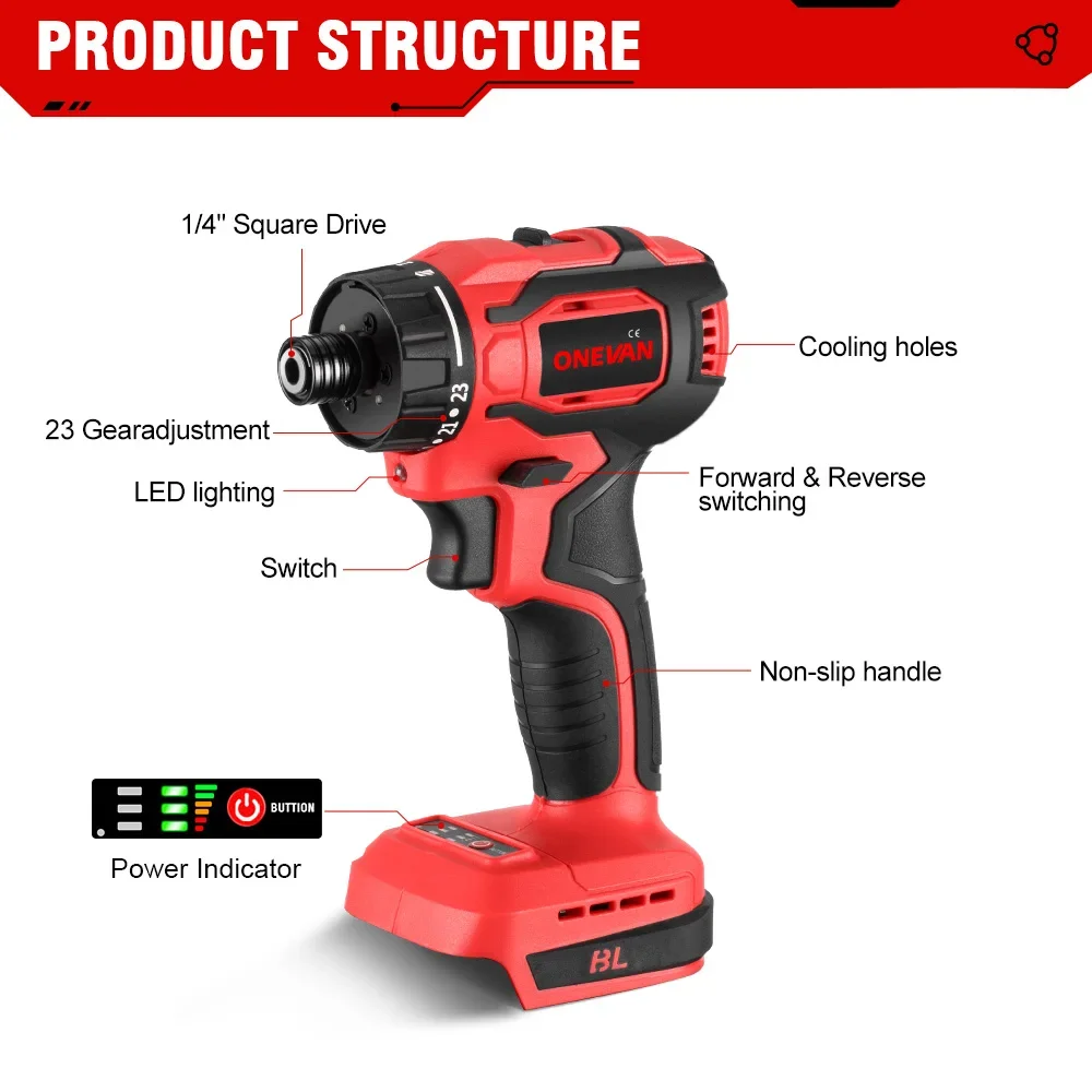 ONEVAN 280NM 23+1 Torque Brushless Electric Screwdriver Cordless Drill Rechargeable Mini Power Driver Tools For Makita Battery