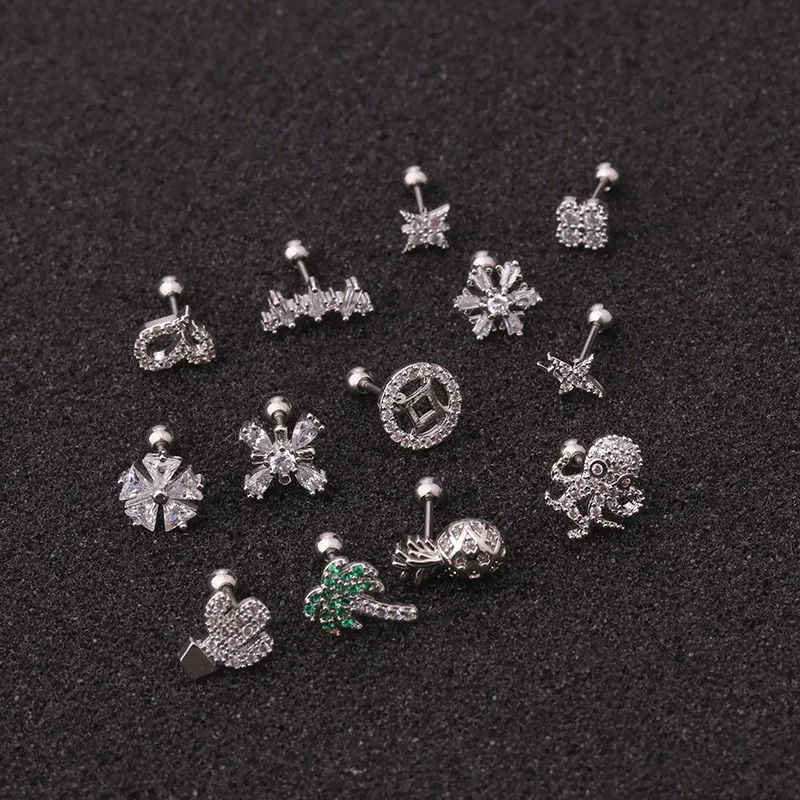 1pc Stainless Steel Cz Cartilage Earrings Heart Plant Octopus Helix Jewelry Tragus Rook Conch Screw Back Stud Piercing Jewelry