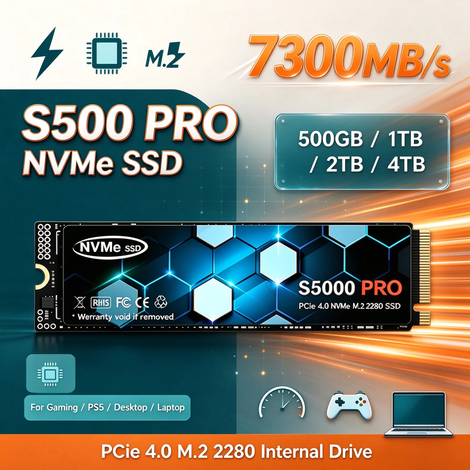 Built to Last Unleash The Speed for PS5 Desktop Laptop S5000 PRO NVMe SSD 7300MB/s PCIe4 M.2 2280 1TB 2TB 4TB Internal Drive