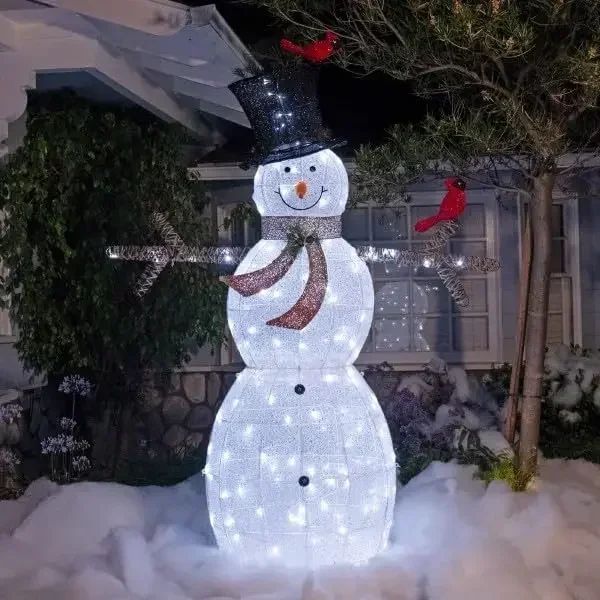 Alpine Company Large White Mesh Snowman Decoration, Bird Accents and LED Lights