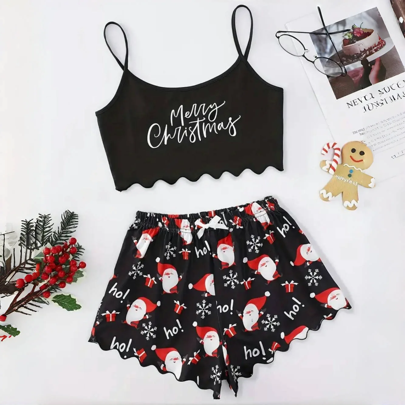 

American-Style Summer Women's New Strapless Nightgown Christmas Print Sexy Hot Girl Strapless Vest Shorts Homewear Set for Women
