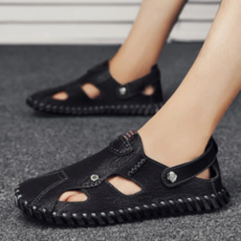 Retro Sewing Men's Sandals Comfortable Solid Color Hollow Slippers Light Weight Large Size Soft Bottom Shoes Sandale Homme image 4