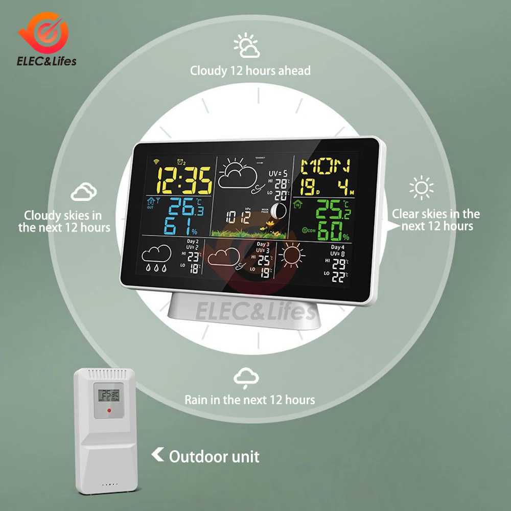 Tuya WiFi Intelligent Weather Alarm Clock Weather Forecast Weather Station LCD Color Screen Wireless Thermometer Hygrometer