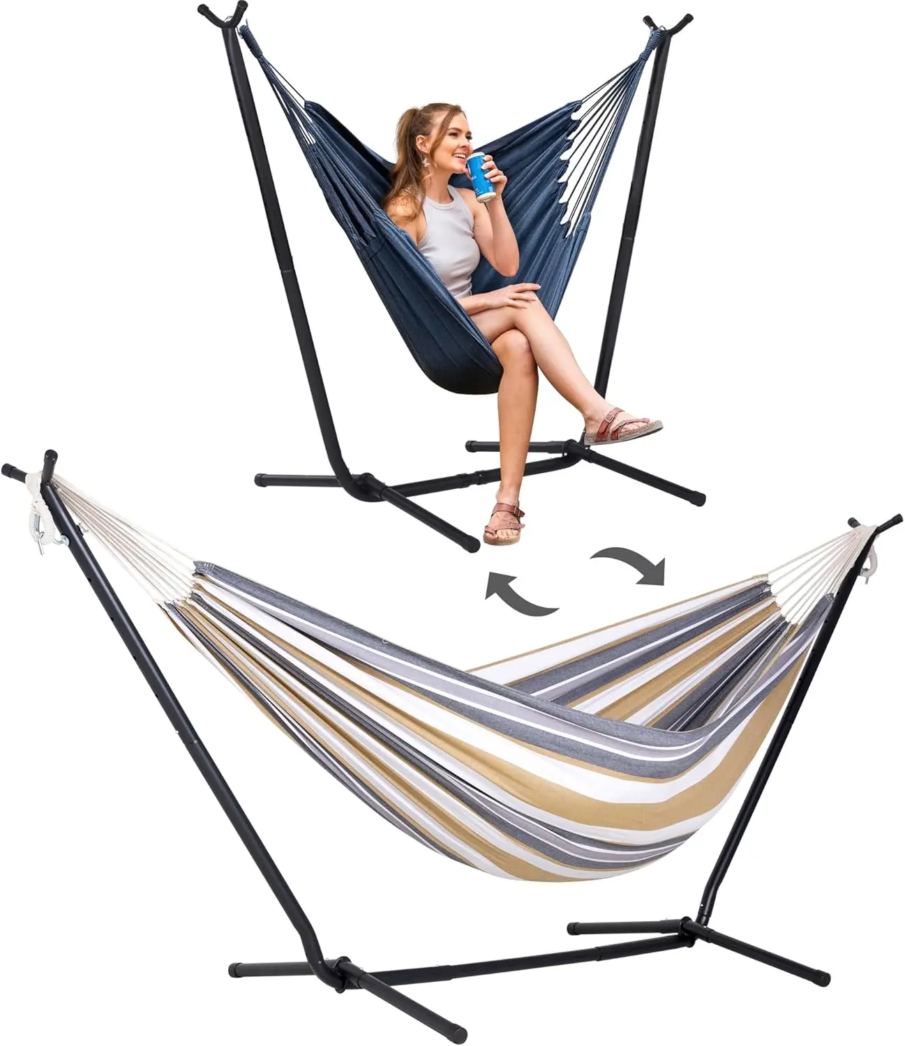 

2-in-1 Convertible Double Hammocks 2 Person Heavy Duty, Large Patio Hammock with Space Saving Stand,Patent Pending,Coffee Stripe