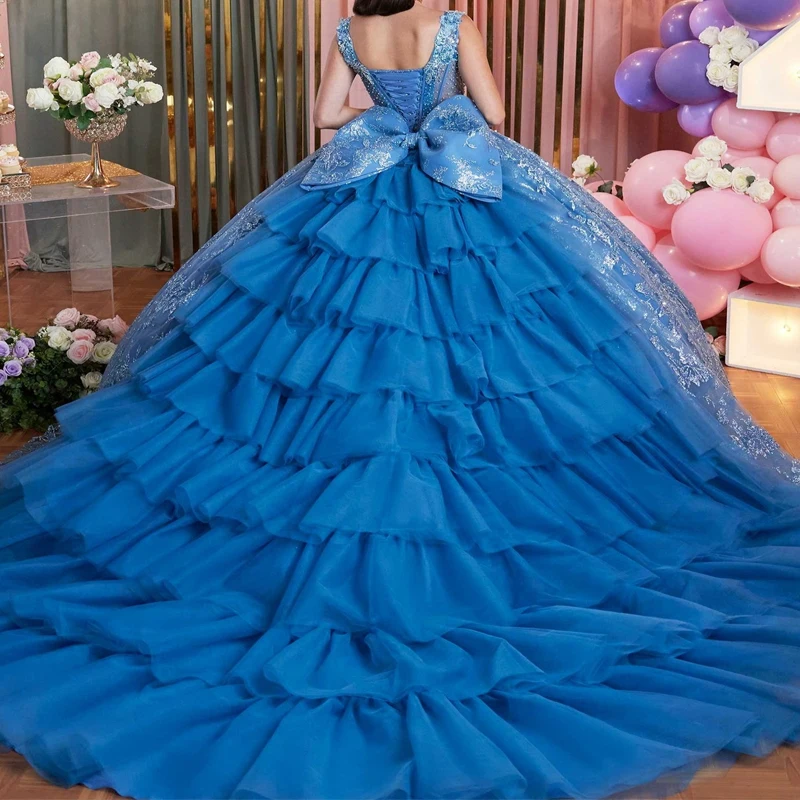 Blue Shiny Quinceanera Dresses Off Shoulder Vestidos De 15 Años With Cape Sequin Applique Bow Beads Tull Formal Birthday