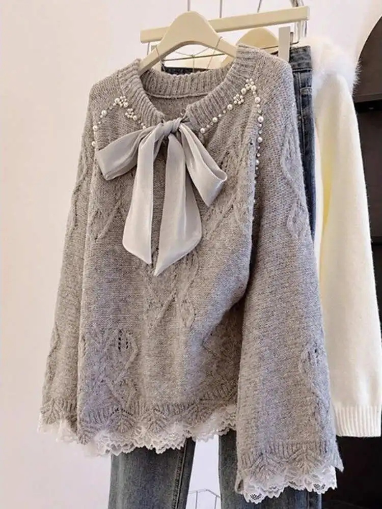 

Женский вязаный свитер больших размеров с узлами и декоративными вставками, осенне-зимняя новинка, модный топ в стиле Lazy Fashion, премиум-класса