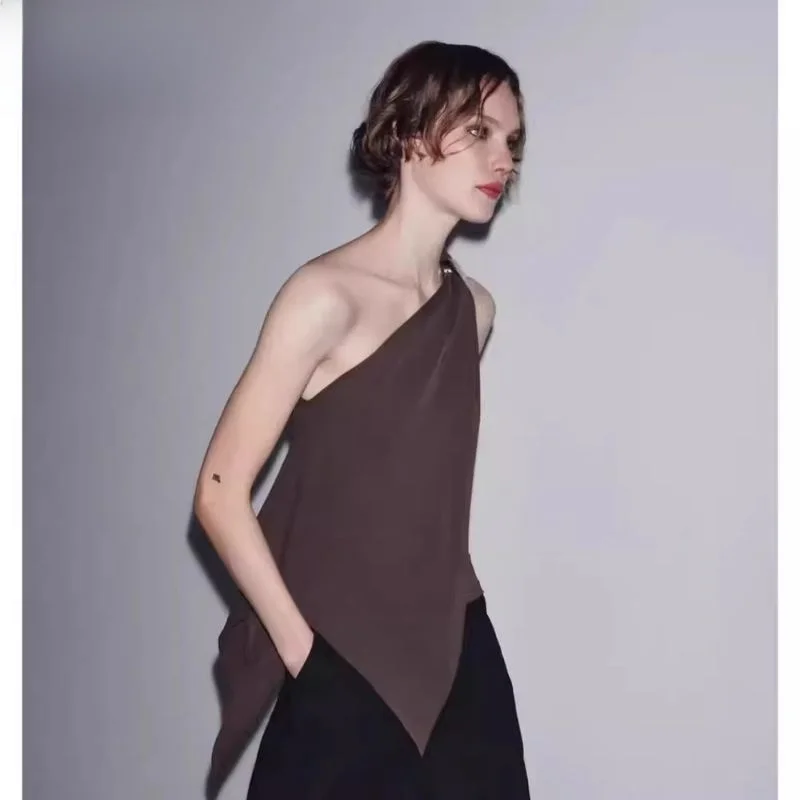 

New 2025 Women's Asymmetrical Pleated irt Simple Versatile Slant oulder Top Commute Sle Regular Length Pure Color