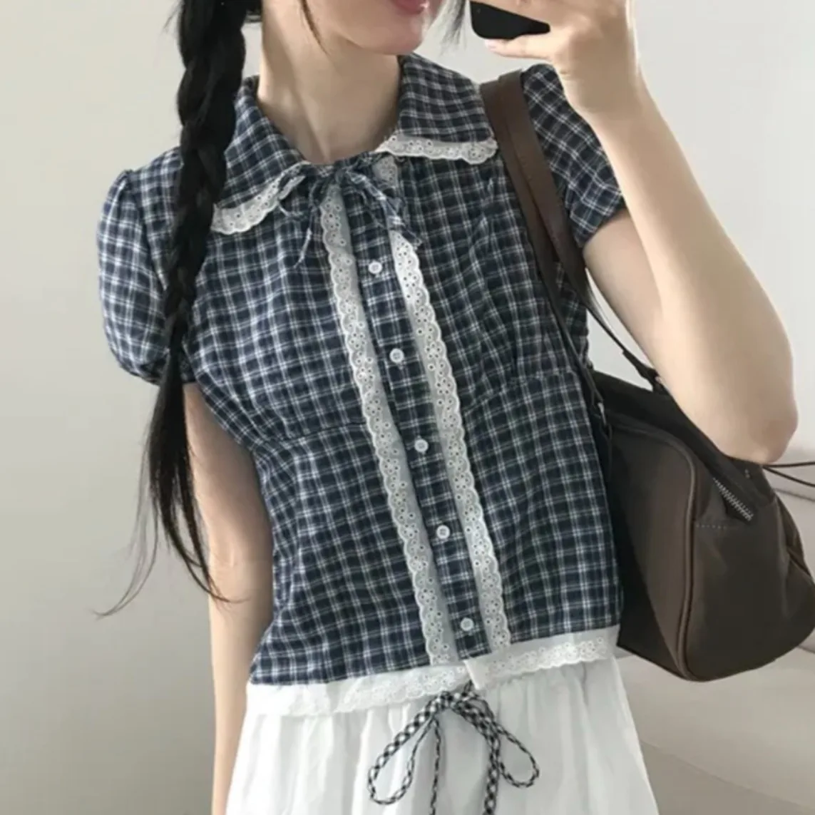 

Chic Summer Plaid Shirt Women's Fashion Doll Collar Tie Short Sleeve Lace Splicing Casual Style Breathable Polyester Fiber