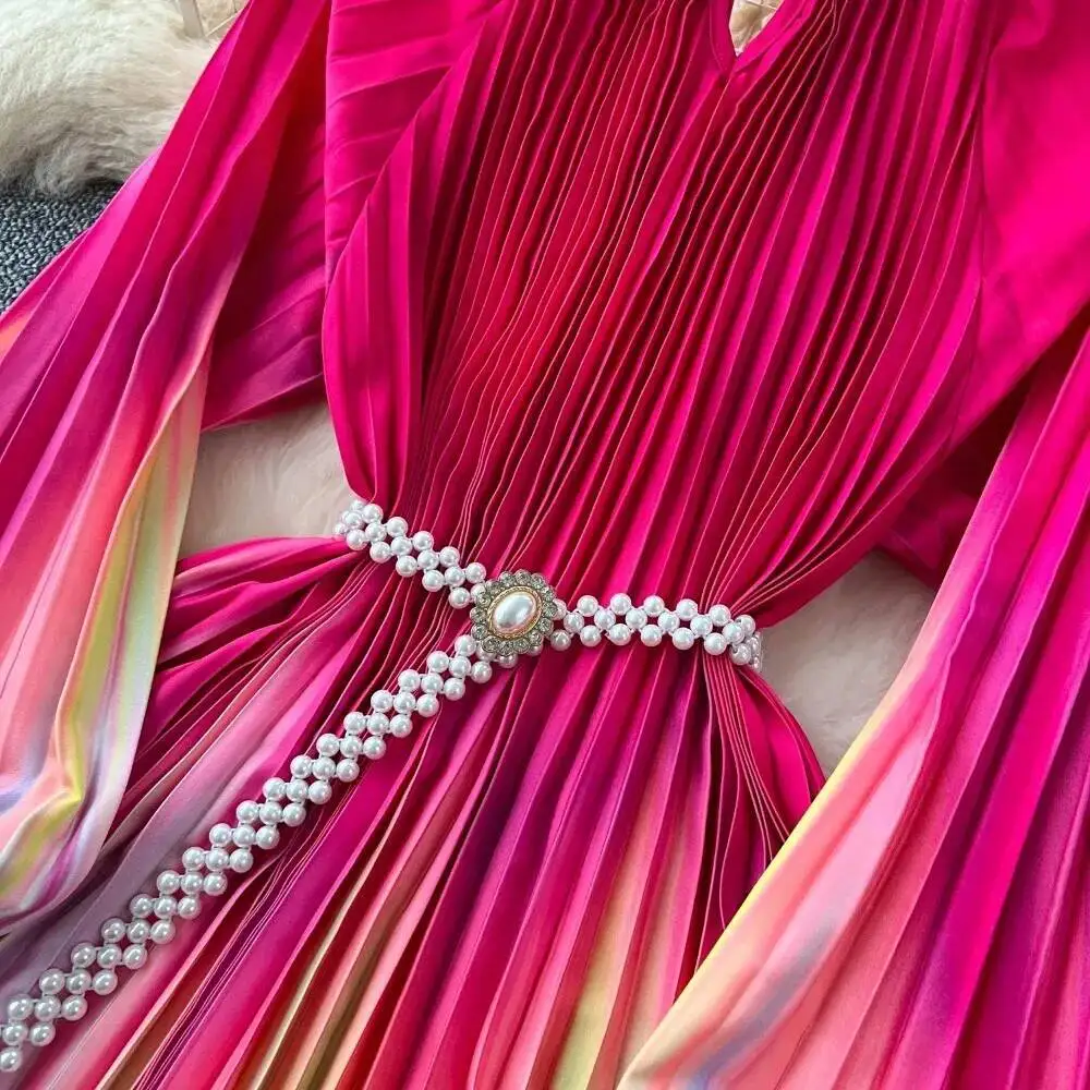 ヴィンテージ風エレガントプリーツ透かしプリントOネックランタン袖Aラインワンピース 春秋ファッション レディースドレス