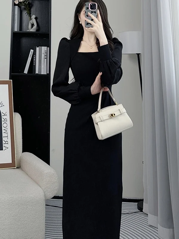 Retro Slimming Square Ne Midi Dr Ele Long Sve Women's Dr Autumn Faion A-Line Gown Casual Sle Pure Color