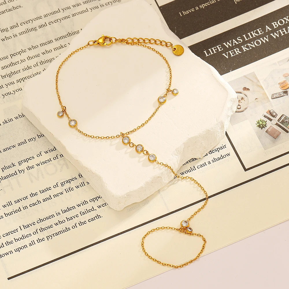 MsKyra สร้อยข้อมือสแตนเลสชุบทอง 18k สีเพทายโซ่นิ้วกันน้ําสร้อยข้อมือทุกวันสําหรับผู้หญิงของขวัญพรีเมี่ยม