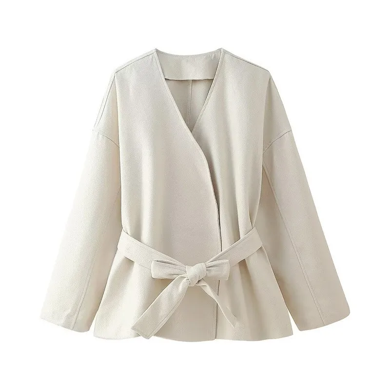 

Elegant Woolen Jacket For Women 2025 New Autumn Winter Fashion Long Sleeve Lace Up Short Jacket Office Lady Streetwear Outerwear