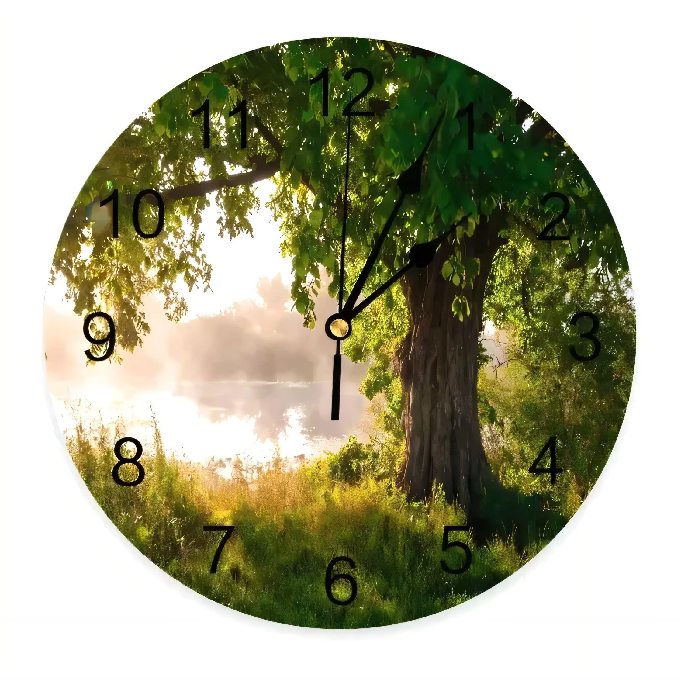 Round  Wall Clock with Serene Nature Tree Lake Scene, Silent Non-Ticking Battery Operated Home Decor for Living Room Kitchen Bat
