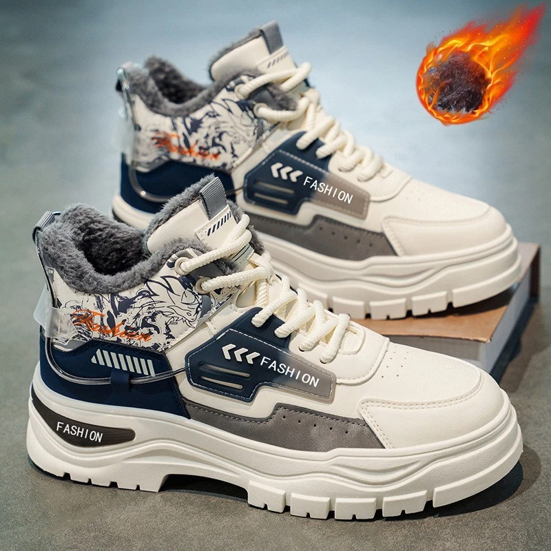 

High Top Boots Men Style Added Fleece Warm Cold Resistant Work Shoes Leather Surface Men Outdoor Anti Slip Waterproof Work Boots