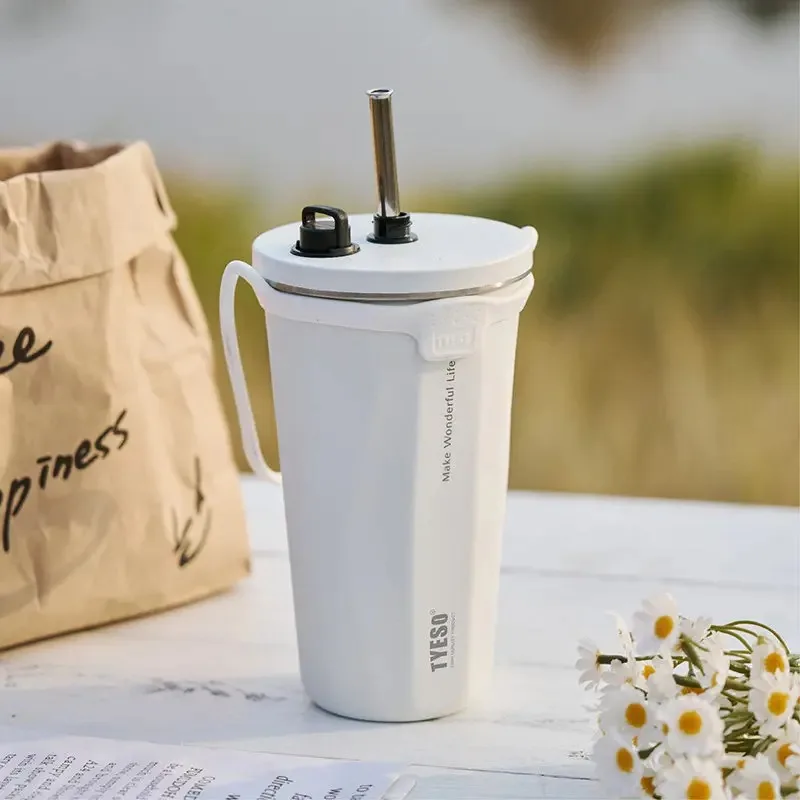 470ML Tyeso Stainless Steel Coffee Cup With Straw Gradient Color Insulated Water Bottle Car Thermos Mug Cold Drink Vacuum Cup