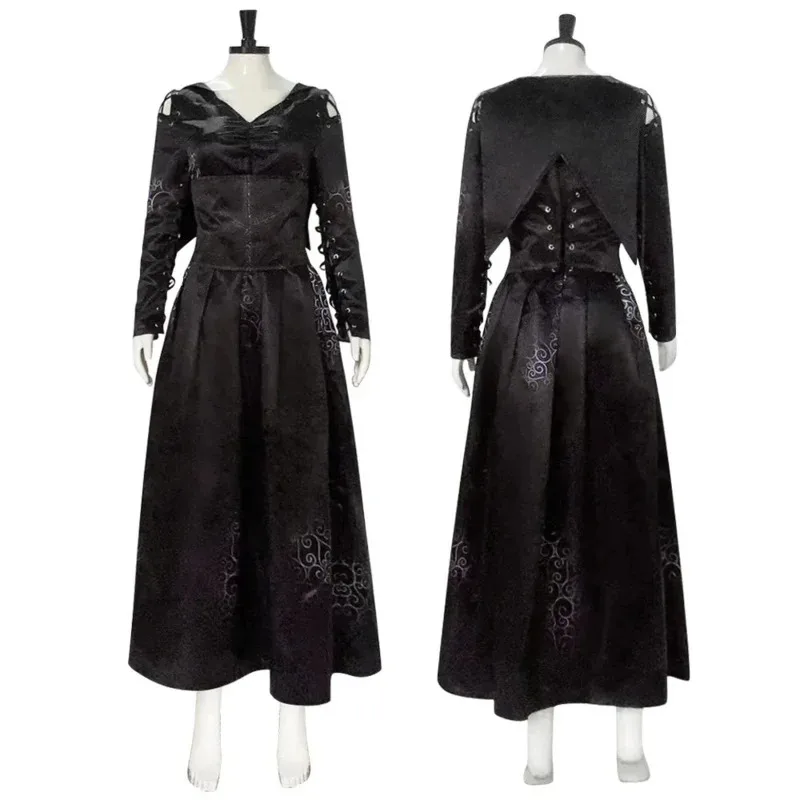

New 2024 Movie Wizard School Witch Bellatrix Lestrange Cosplay Costume Dress Adult Women Clothing Halloween Carnival Outfits