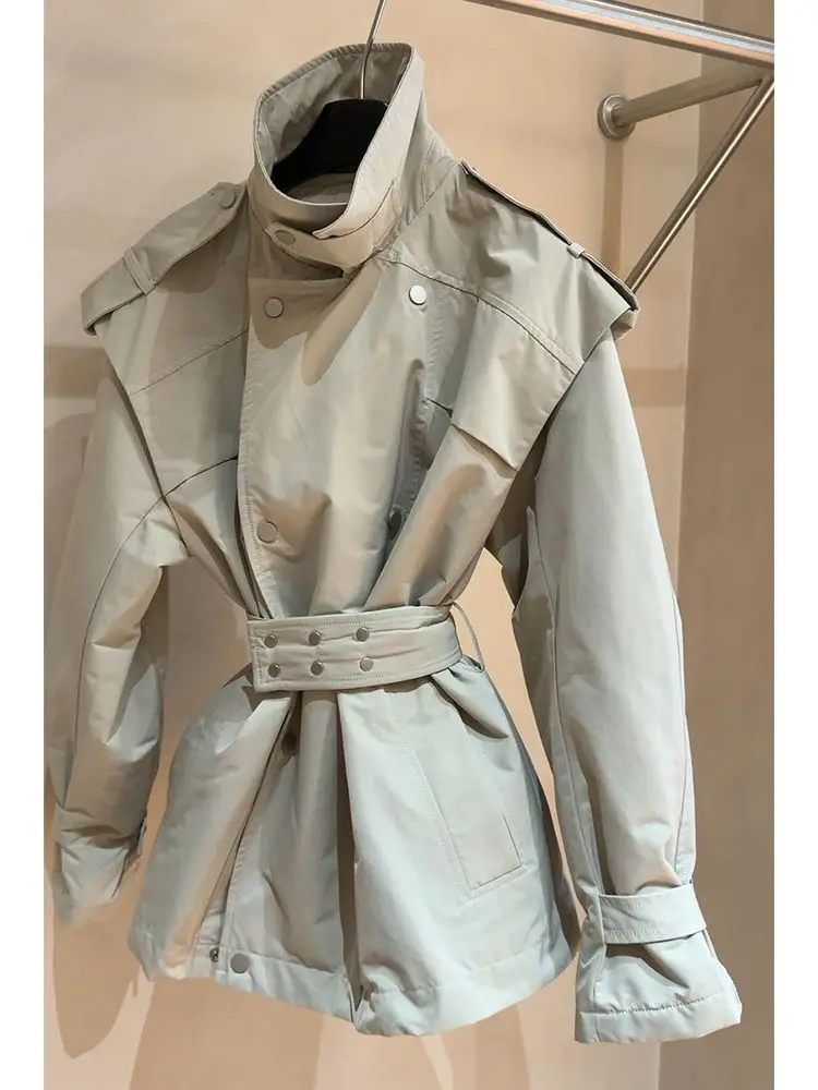 2026 New Models Are Popular This Year, Unique and Beautiful Early Winter High-end Gray-green Stand-up Collar Trench Coat Women