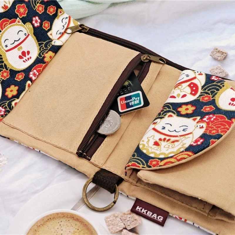Creative Cartoon Printed Three Fold Denim Canvas Coin Purse with Large Capacity Card Bag