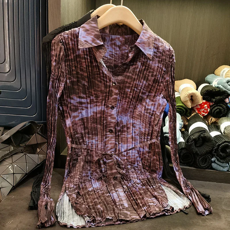 

Miyake Pleated Shirt Tie-dye Printing Blouse 2025 Spring Summer New Pleated Polo Collar Temperament Thin Long-sleeved Shirt