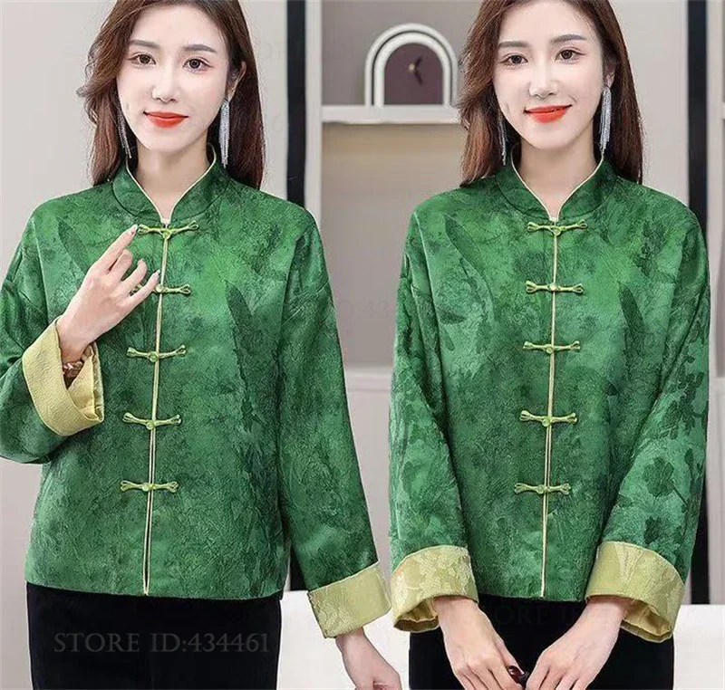 

Traditional Female Tang Clothes Jacket Green Long Sleeve Coat Cardigan Vintage Mandarin Collar Qipao Tops Spring Sumer Outwear