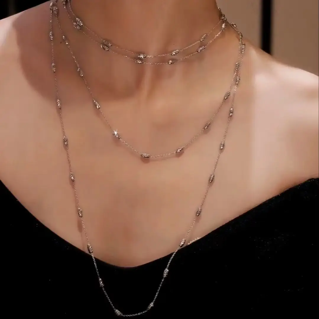 Bellux 100% 925 Silver Fashion Charm White Little Rice Beads Multi Layer Long Necklace Multiple Wearing Styles Jewelry