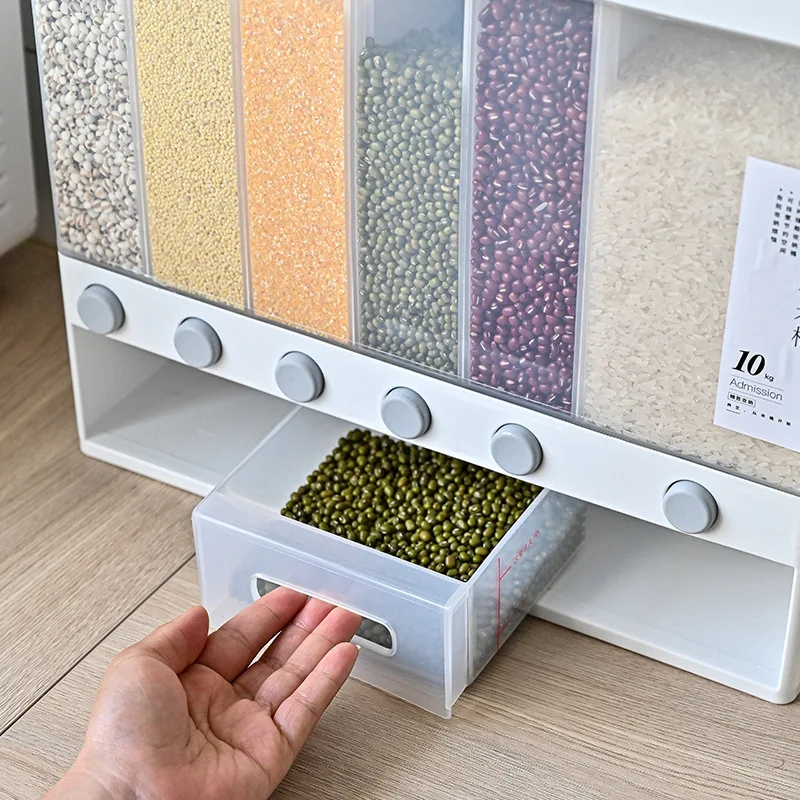 Wall Mounted Rice Storage Box Cereal Dispenser Grains Bucket Classified Sealed Moisture Proof Tank Kitchen Organizer Container