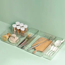 Organizador de cajones transparente para el hogar, organizador de cosméticos de plástico japonés para estudiantes, papelería, comestibles, cocina, cajas de cubiertos