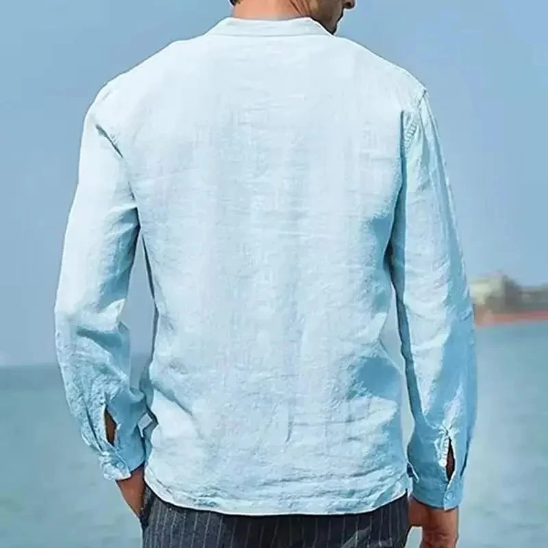 Men's Cotton Linen Long Sleeve Basic Shirt Solid Pocket Loose Fitting Business O-Neck Button-Up Casual Top