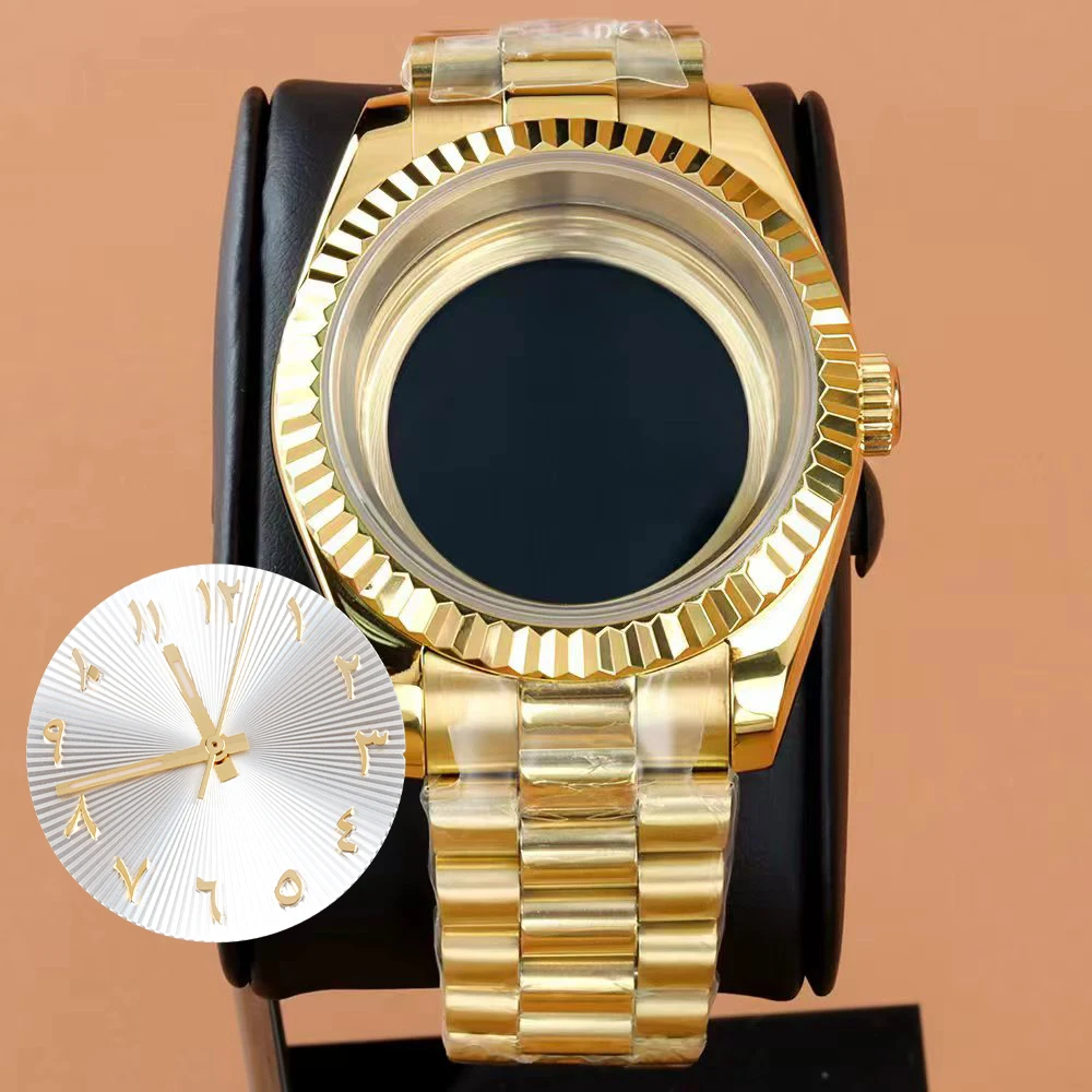 

36mm/39mm Gold Watch Case with 28.5mm dial and hands set 316L Steel Presidential Strap For nh35 nh36 Movement Sapphire Glass