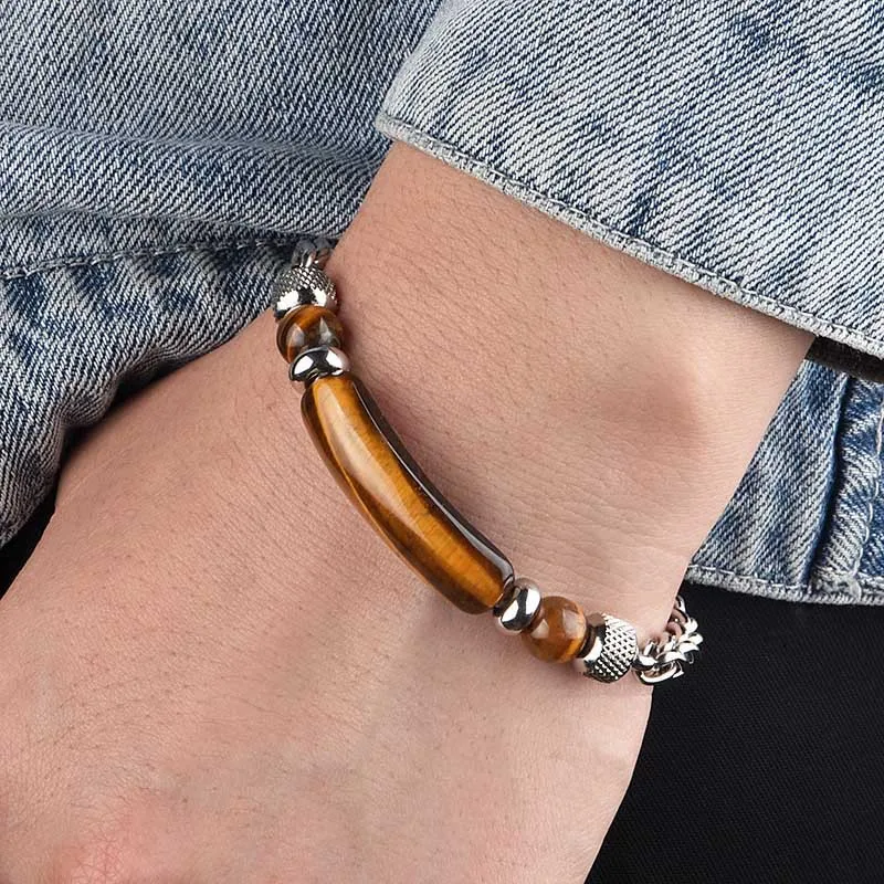 3 Colors Stainless Steel Cuban Chain Bracelet Men Adjustable Unfading Tiger Eyes Obsidian Stone Braslet Cool Riding Accessories