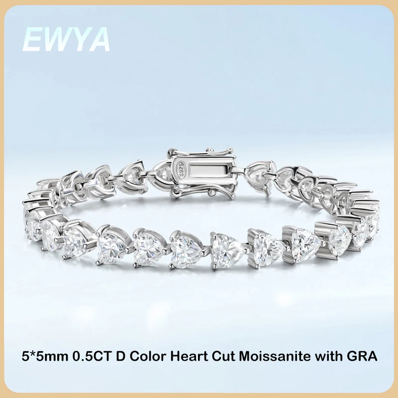 EWYA Full 5*5mm 0.5CT D Color Heart Cut Moissanite Tennis Bracelet for Women 925 Silver GRA Certified Link Bracelets Bangle Gift