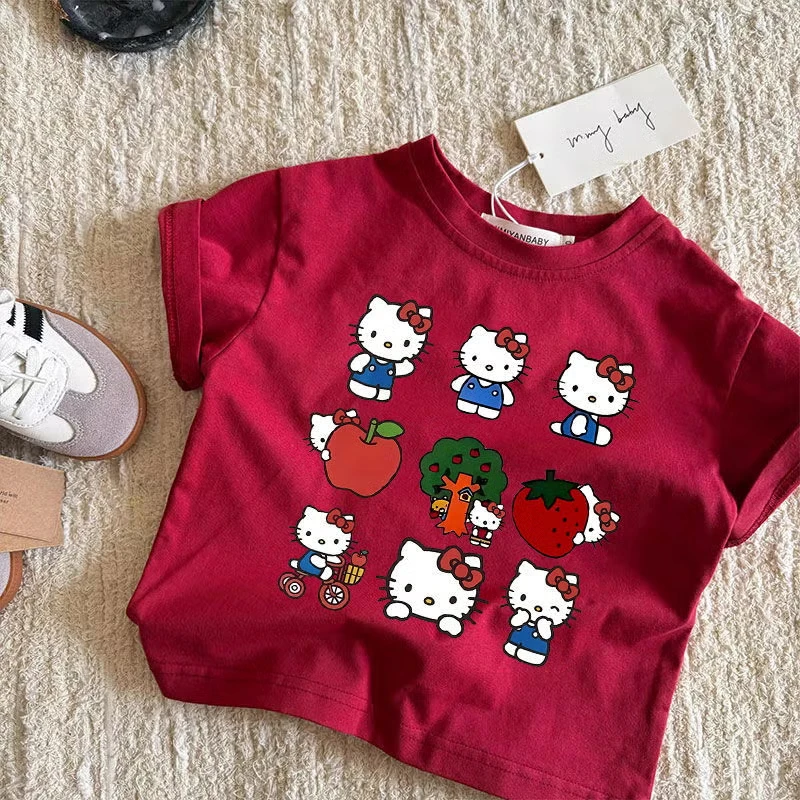 Girls Hello Kitty T Shirt Multiple Kitty Cartoon Apple Strawberry Bicycle Graphic Print Short Sleeve Red Tee Kids Summer Tops