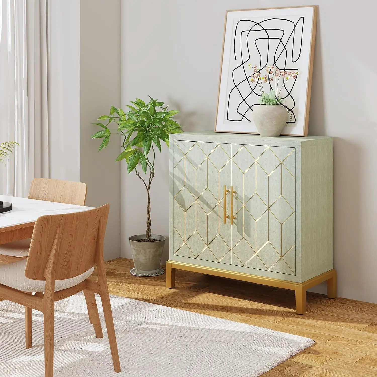 Green Accent Cabinet with Gold Trim 2-Door Storage Sideboard for Living Room Kitchen Office Hallway, Customized