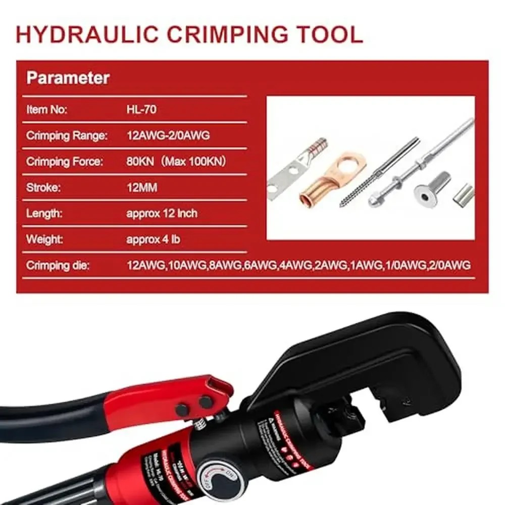 Cable Lug Crimper Tool Hydraulic Crimping Machine 9 Die Sets 12 AWG to 2/0 Gauge Battery Stainless Steel Railing 100KN Max