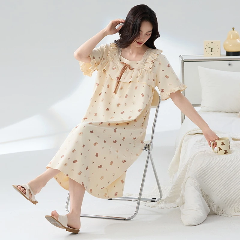 Pure Cotton Nightgown A Summer-Style Short-Sleeved 'S Home Wear For Pregnant Women In Plus Size 200 Pound Fat Mm Pajamas 4