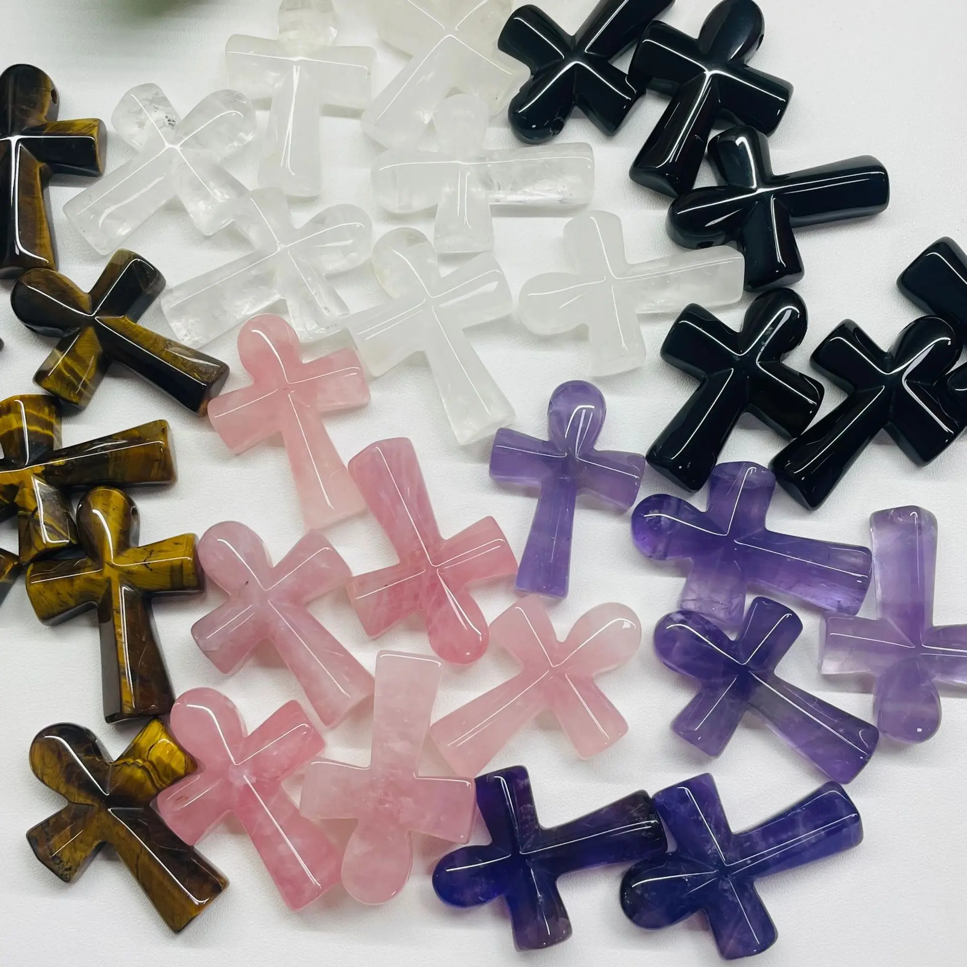 

Natural Stone Amethyst and Tiger Eye Stone Polished Cross-shaped Horizontal Hole Loose Pendants DIY Necklace Earring Accessories