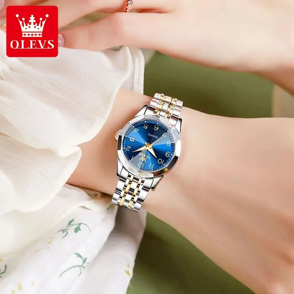 OLEVS 9970 Original Luxury Quartz Watch for Women Rhombus Mirror Digital Dial Calendar Stainless Steel Waterproof Wrist Watches