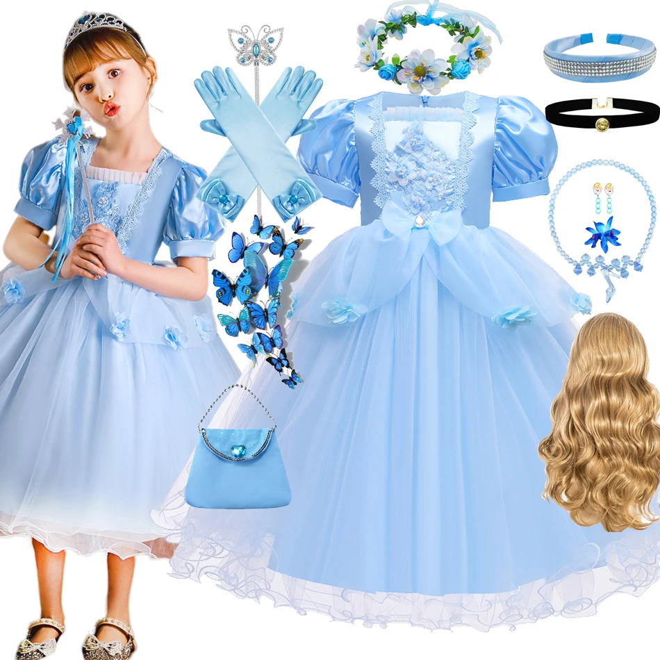 Princess Cinderella Dress Girls Kids Birthday Party Ball Gown Girls Lace Sequins LED Light Dress Halloween Party Costume 3-10Y