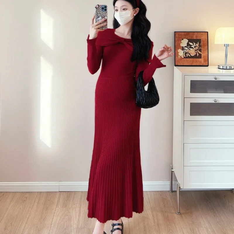 2026-新しい秋冬暖かいニットマタニティドレスエレガントな-a-ラインルーズスリム妊娠服妊婦用