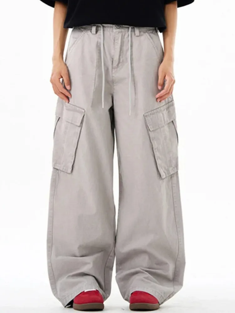 Men Casual Pants American Style Washed Solid Color Multi-Pocket Solid Color Cargo Trousers Straight Leg Male Bottom CSDR5