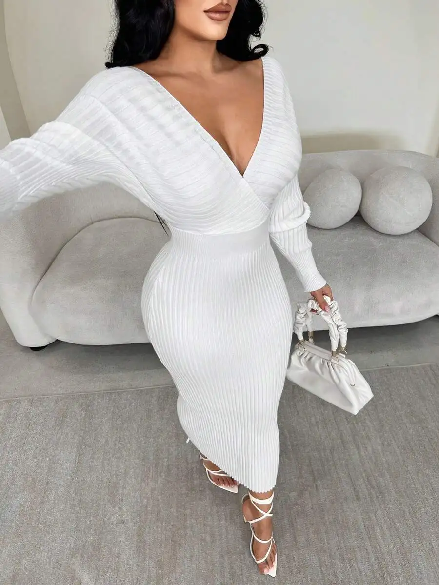 

Women's White V-Neck Off-Shoulder Long Sleeve Ribbed Knit Midi Dress