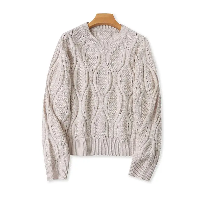 

Autumn Winter Women's Knitted Sweater round Ne Twist Flower Loose Slimming Elastic Warm Skin-friendly Long Sve Top