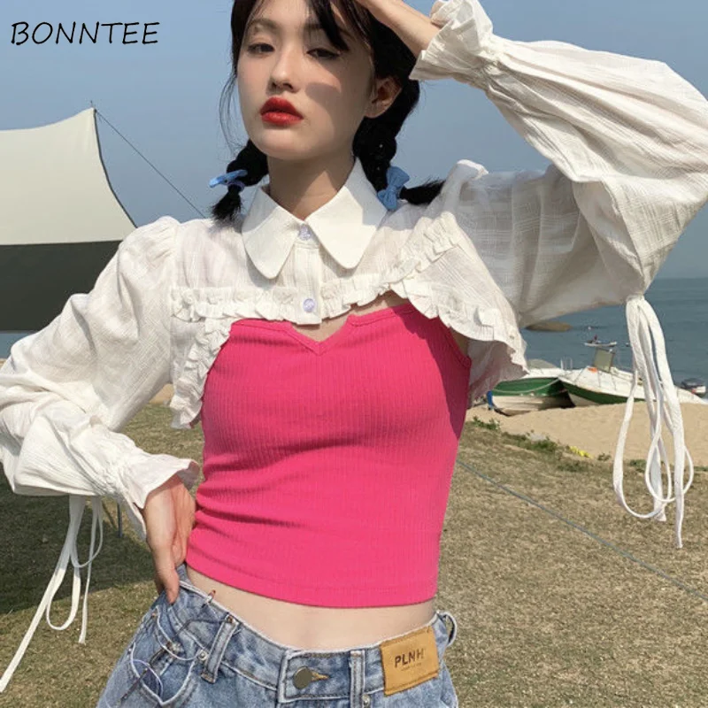 Shirts Women Casual Hotsweet Summer Sun-proof New Korean Style Super-short Tops Vintage Fashion Streetwear Solid Breathable Thin