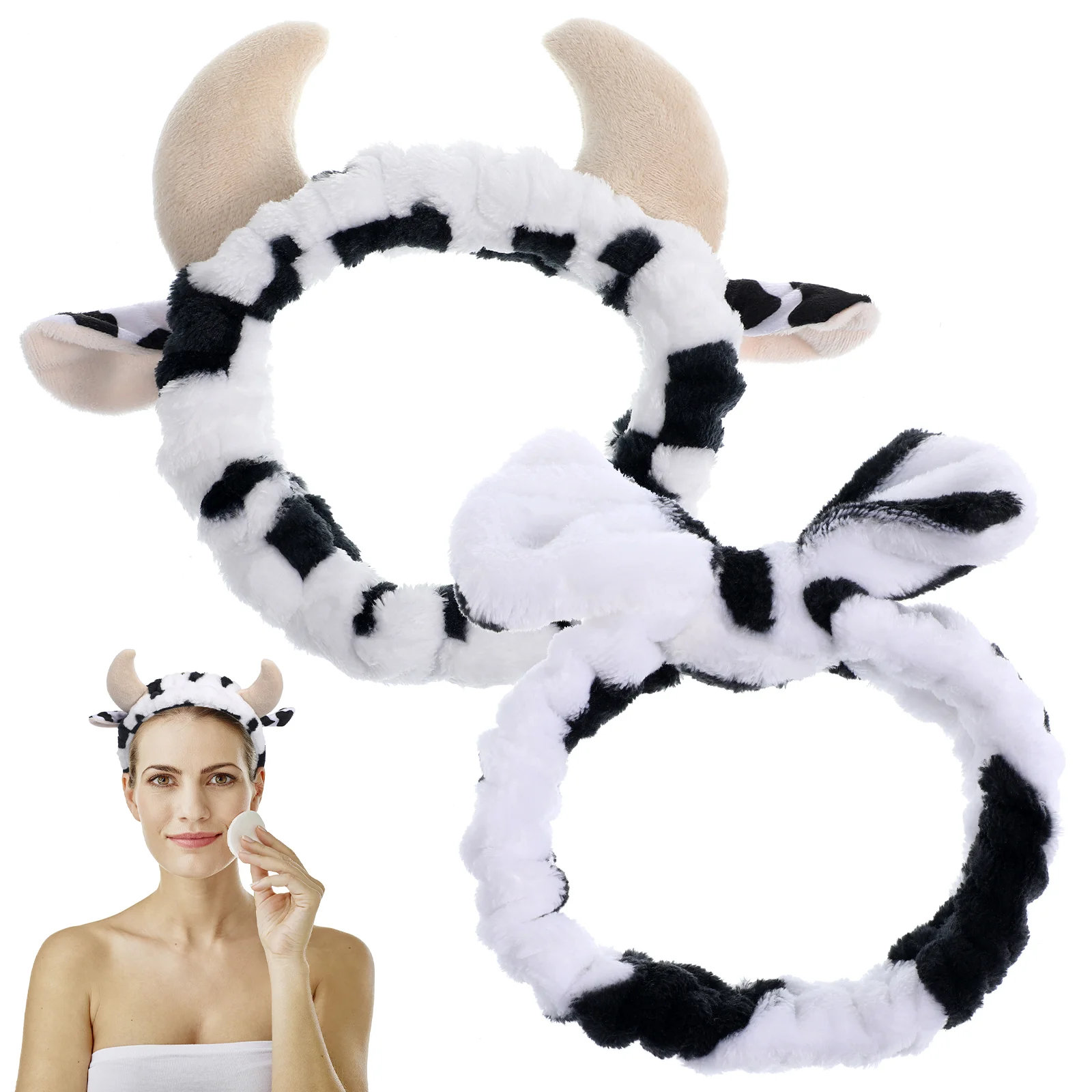 Diadema con estampado de orejas de vaca para el cuidado de la piel, bandanas de cuerno de 2 piezas con estampado de Spa, animales de peluche, pajarita para lavado de cara