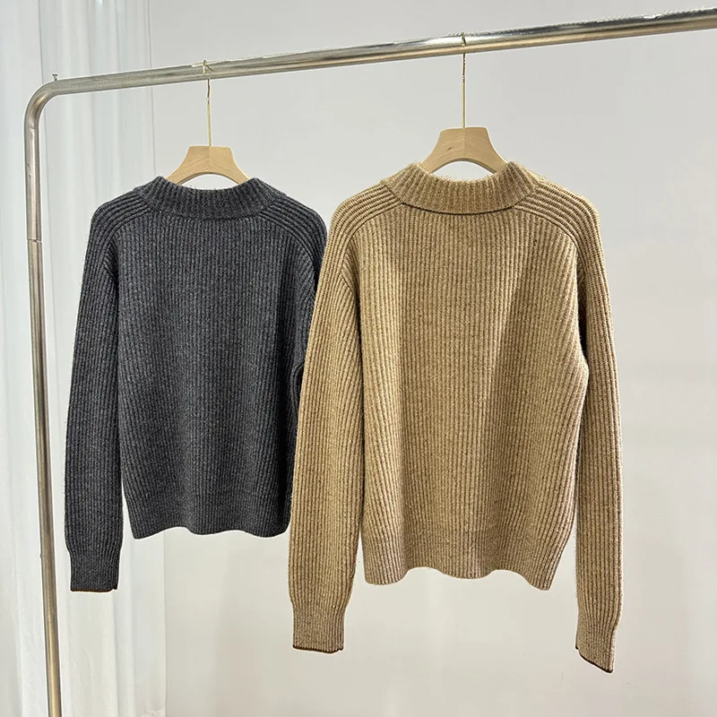 New Autumn And Winter Back Chain Clip Flower Yarn V-Neck Cashmere Sweater Loose Lazy Style Knitted Pullover Sweater For Women