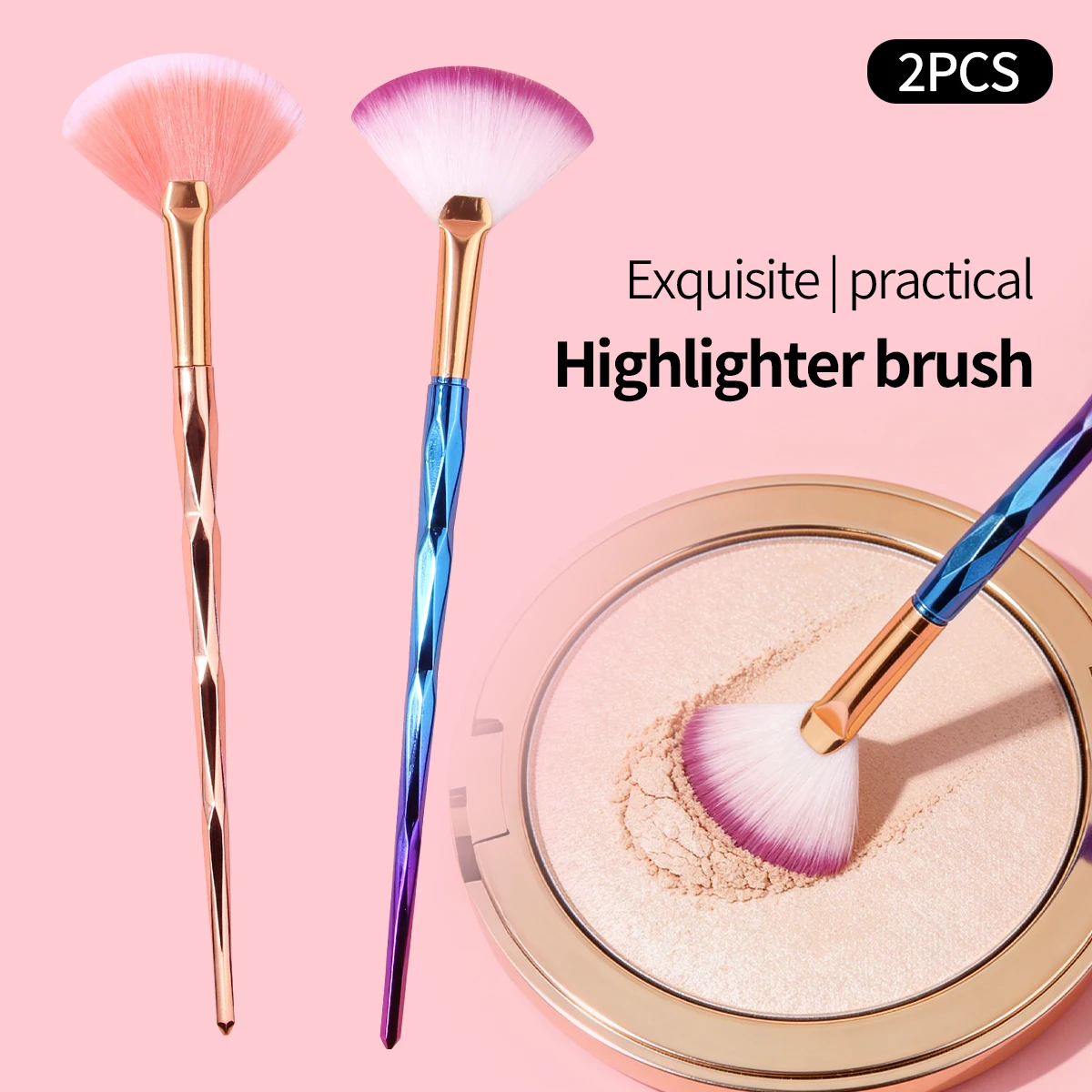 Blau-goldener Highlighter-Pinsel, fächerförmiger Pinsel, facettierte Textur, Farbverlauf-Kunststoffgriff, diamantförmiger Polyeder-Griff, Glamour