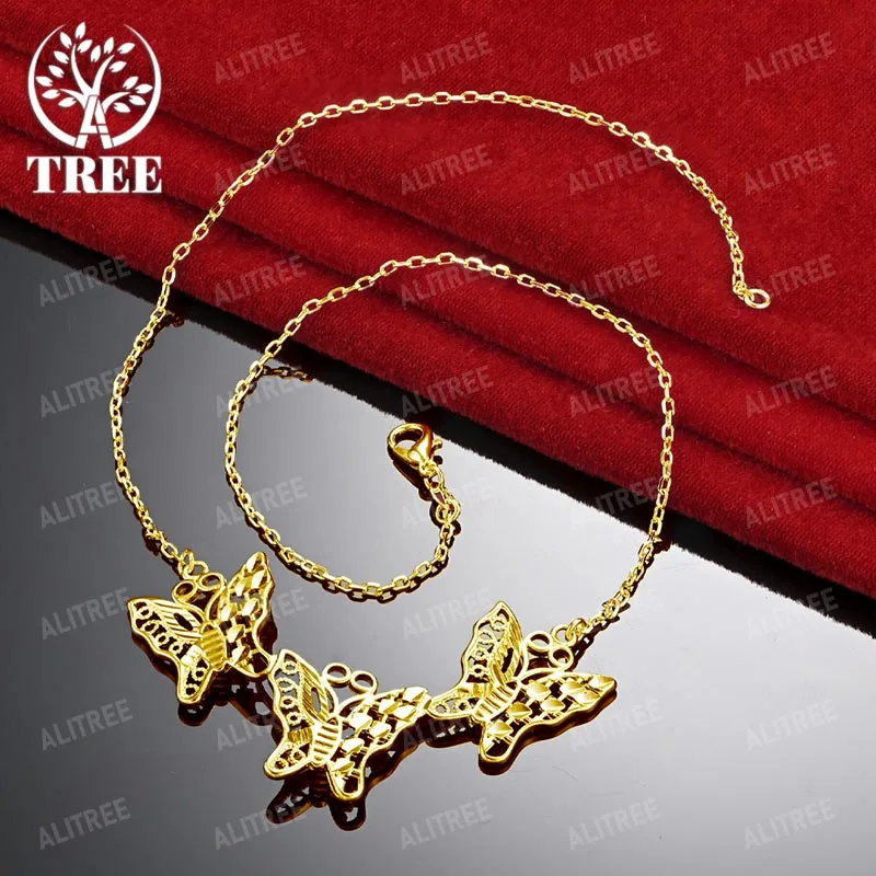 ALITREE 18K Yellow Gold Three Hollow Butterflies Pendant Necklaces For Woman Fashion Party Wedding Birthday Jewelry Lovers Gift